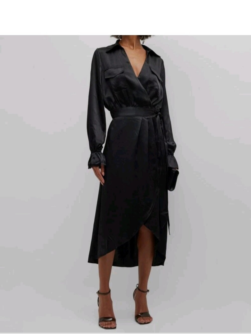 $496 Ramy Brook Women's Black Laney Satin Front Wrap Midi Dress Size 6